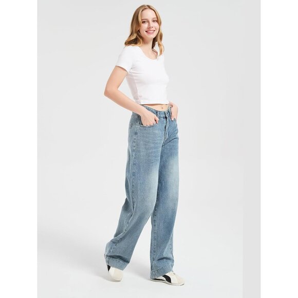 Women Wide Leg Baggy Jeans Y2K Vintage Denim Mid Waist Distressed Casual - Picture 7 of 7